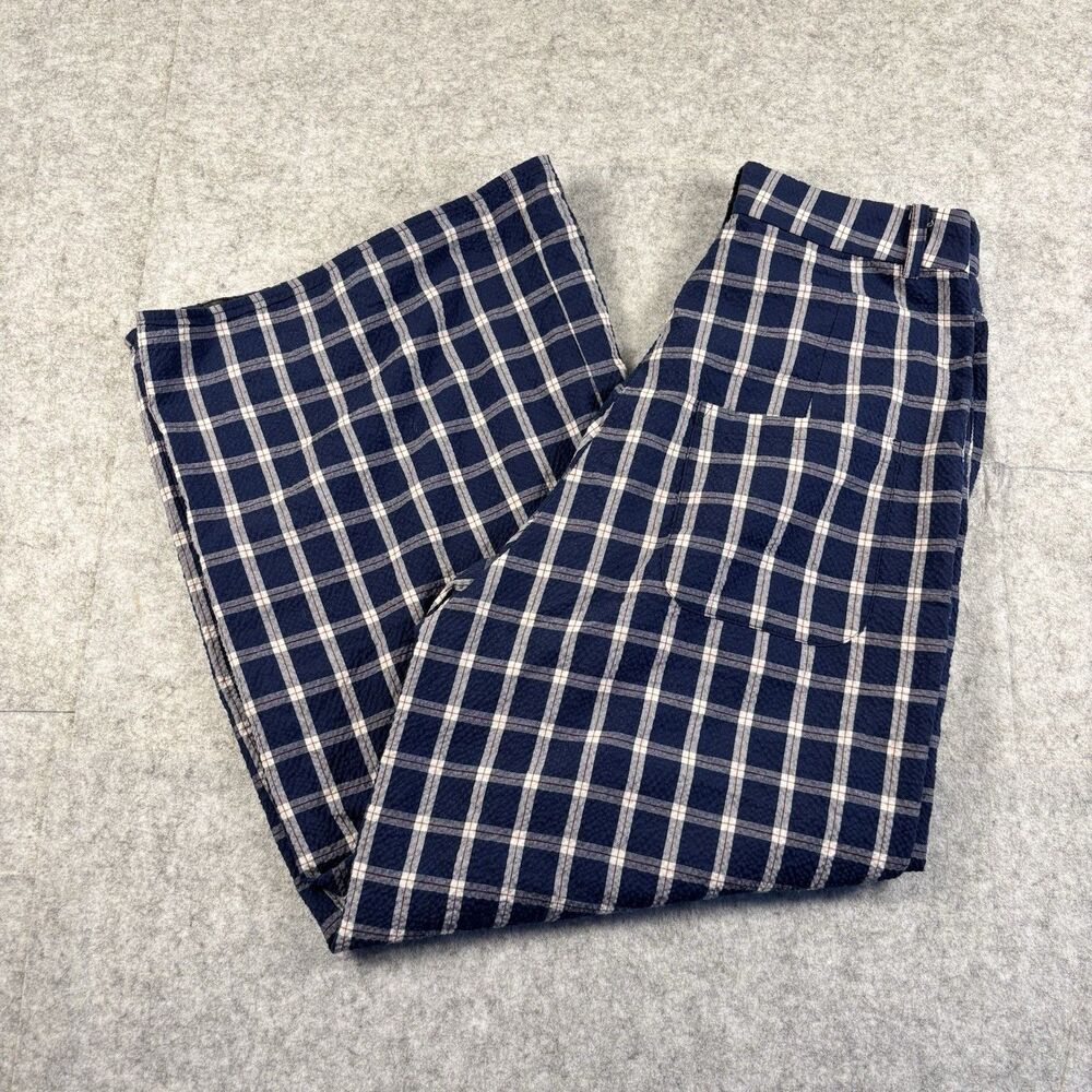 Gu Nuo Ya Lan Wide-Leg High-Waisted Plaid Pants Womens L Blue 5 Button Closure